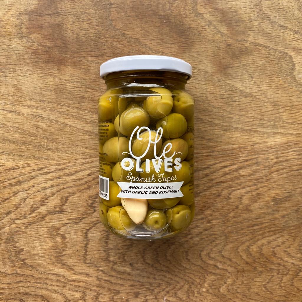 Whole Green Olives with Garlic & Rosemary. Ole Olives
